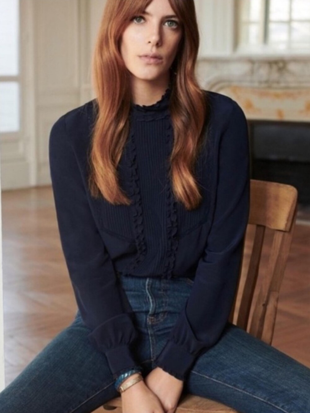 Sezane Jules Navy 100% Silk Blouse, Ruffle High Collar EU40